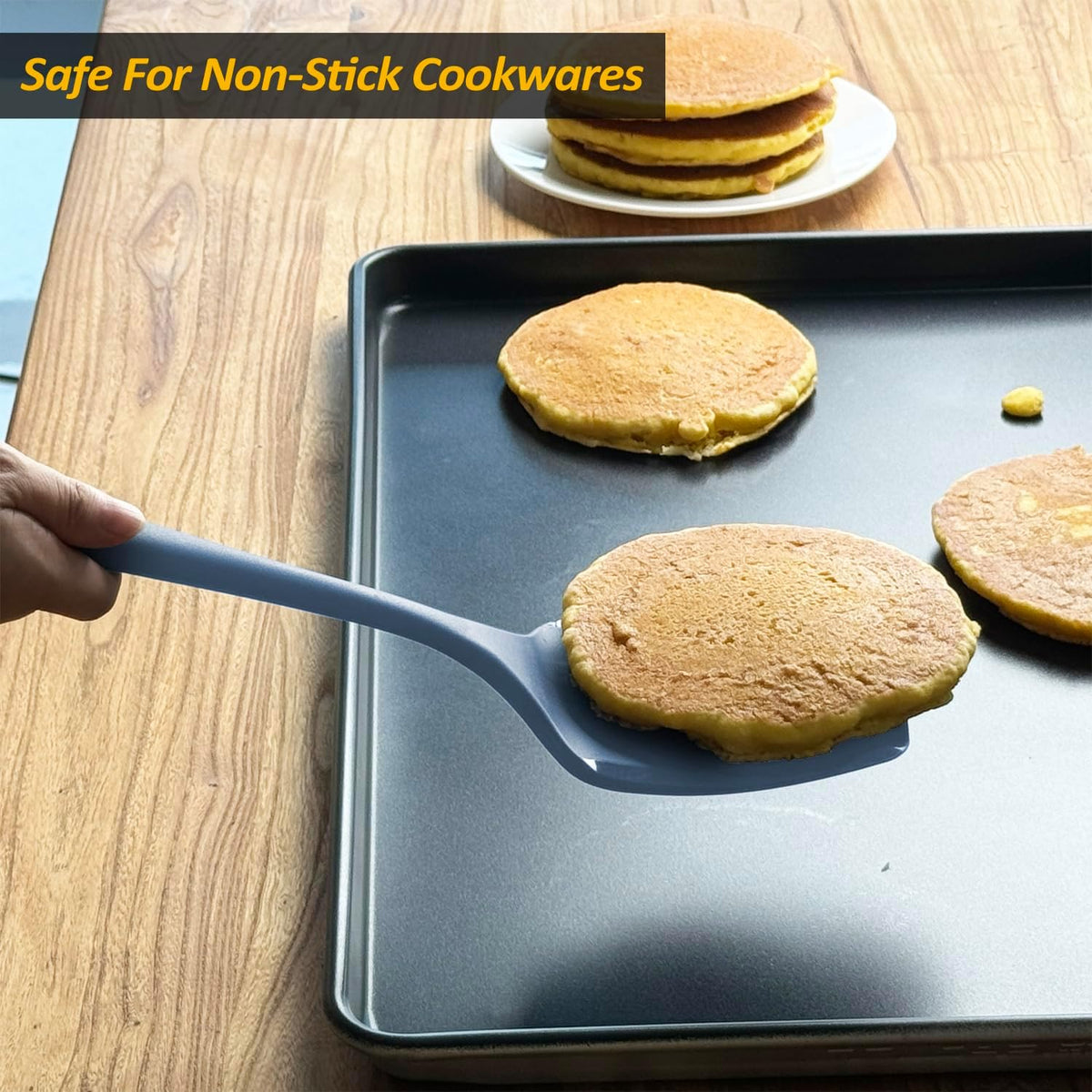 Silicone Pancake Spatula Turner, Lengthened Handle & Seamless Design, Black