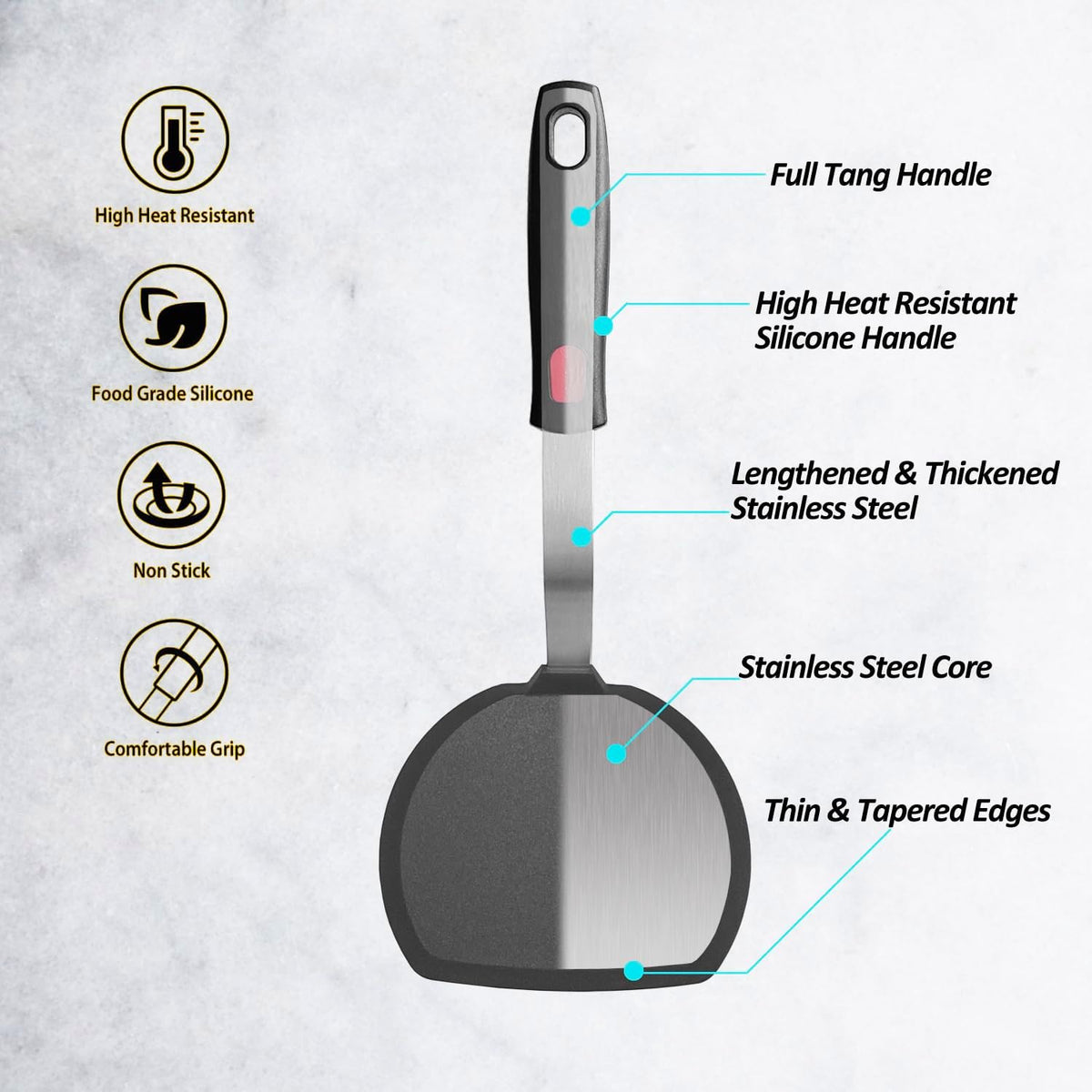 Silicone Pancake Spatula Turner, Lengthened Handle & Seamless Design, Black