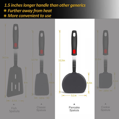 Silicone Pancake Spatula Turner, Lengthened Handle & Seamless Design, Black