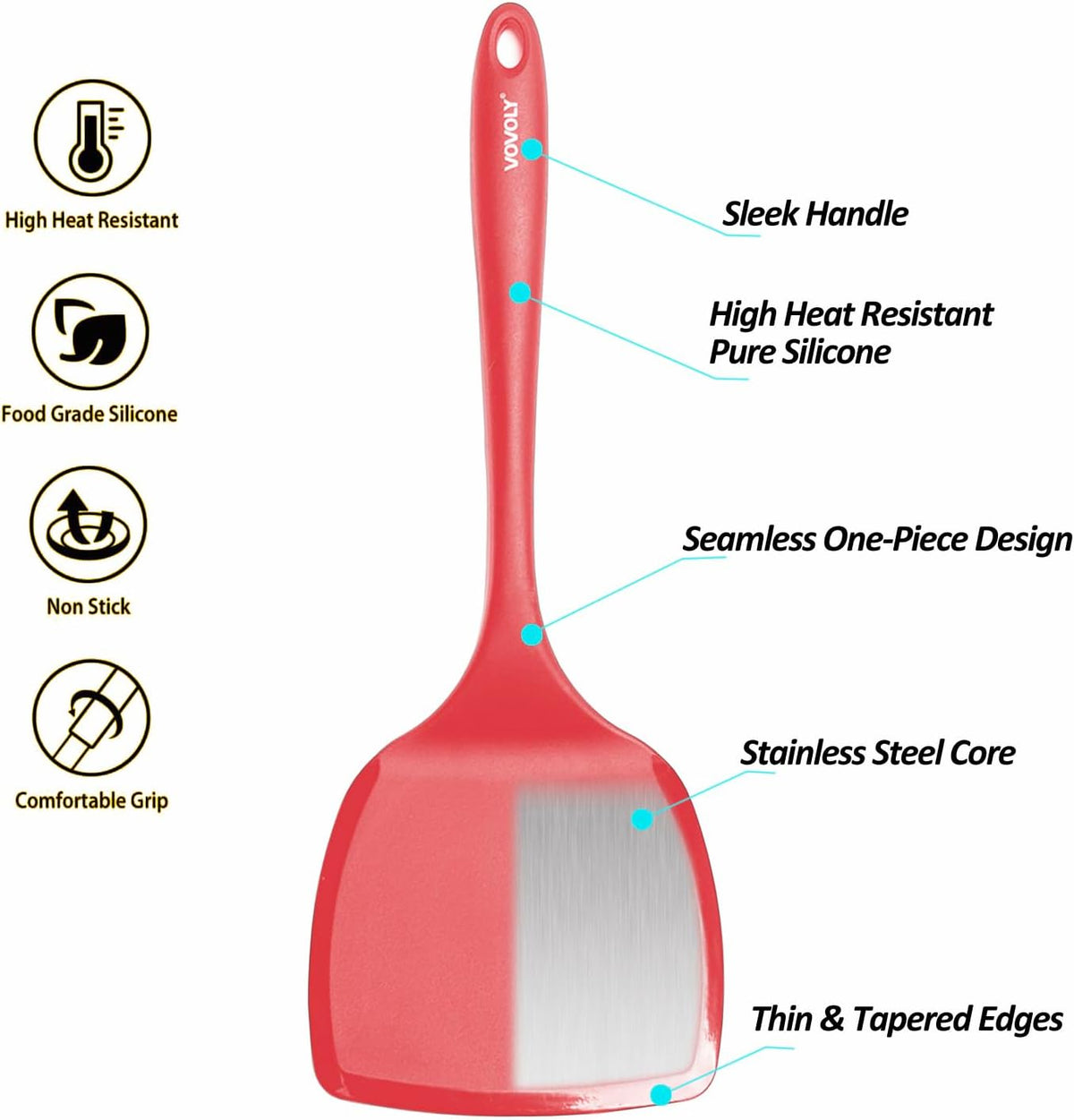 Silicone Pancake Spatula Turner, Lengthened Handle & Seamless Design, Black