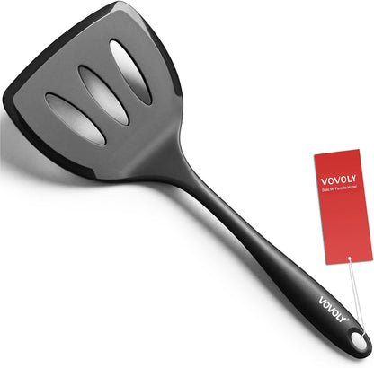 Silicone Pancake Spatula Turner, Lengthened Handle & Seamless Design, Black