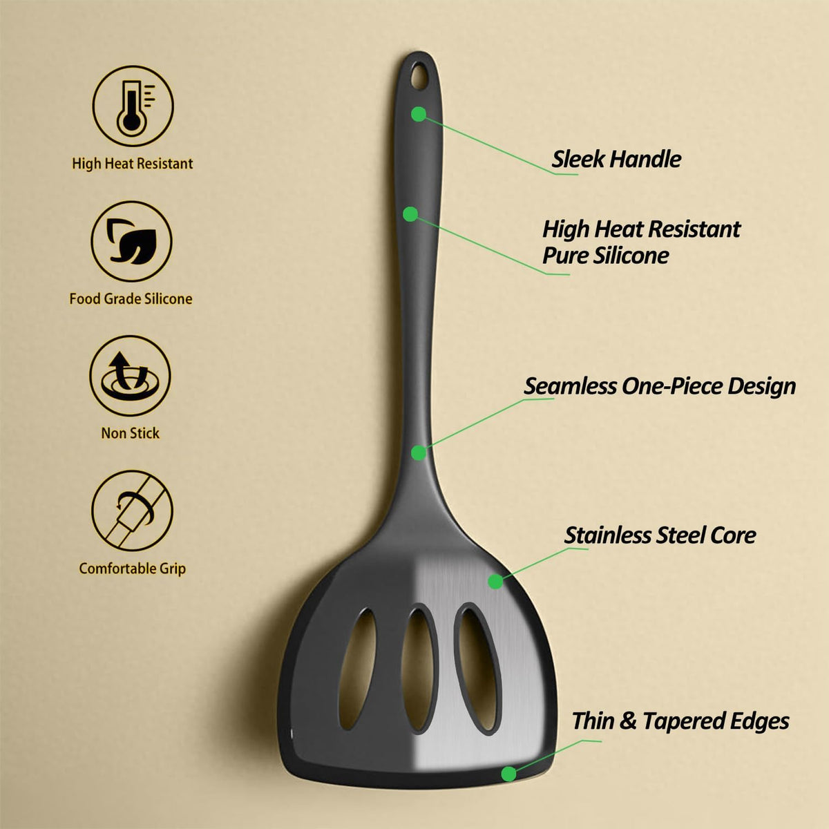 Silicone Pancake Spatula Turner, Lengthened Handle & Seamless Design, Black