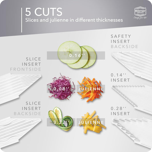 Mandoline Food Slicer V3 (Profi Set) by Reston Lloyd • V-Slicer with 4 Inserts, Docking Station & Food Holder • Made in Germany • Fruit & Vegetable Chopper • Multiple Settings • Color: White