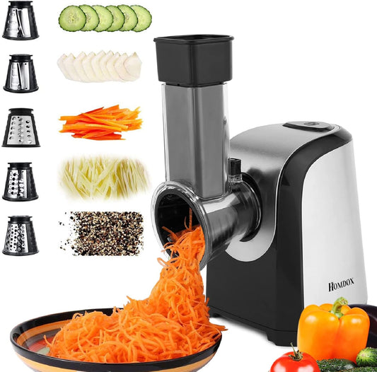 Electric Cheese Grater Slicer Shredder Salad Maker for Kitchen 150W 5-in-1 | Slices shreds grates cheese carrot potato cucumber nuts, 5 stainless steel cones,for salad pizza soup tacos,one-touch control