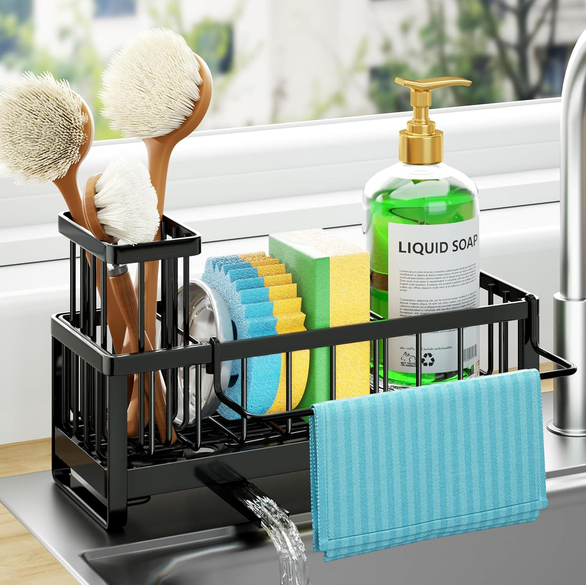 Sponge Holder for Kitchen Sink - Self-draining Sink Caddy with Brush and Dishcloth Holders, Stainless Steel Kitchen Countertop Organizers and Storage Essentials - Black