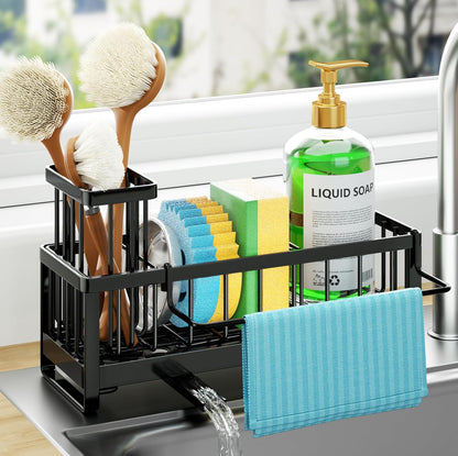 Sponge Holder for Kitchen Sink - Self-draining Sink Caddy with Brush and Dishcloth Holders, Stainless Steel Kitchen Countertop Organizers and Storage Essentials - Black