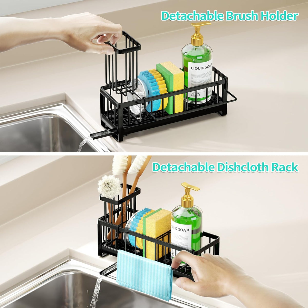 Sponge Holder for Kitchen Sink - Self-draining Sink Caddy with Brush and Dishcloth Holders, Stainless Steel Kitchen Countertop Organizers and Storage Essentials - Black