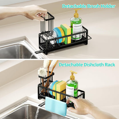 Sponge Holder for Kitchen Sink - Self-draining Sink Caddy with Brush and Dishcloth Holders, Stainless Steel Kitchen Countertop Organizers and Storage Essentials - Black
