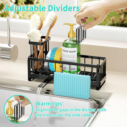 Sponge Holder for Kitchen Sink - Self-draining Sink Caddy with Brush and Dishcloth Holders, Stainless Steel Kitchen Countertop Organizers and Storage Essentials - Black