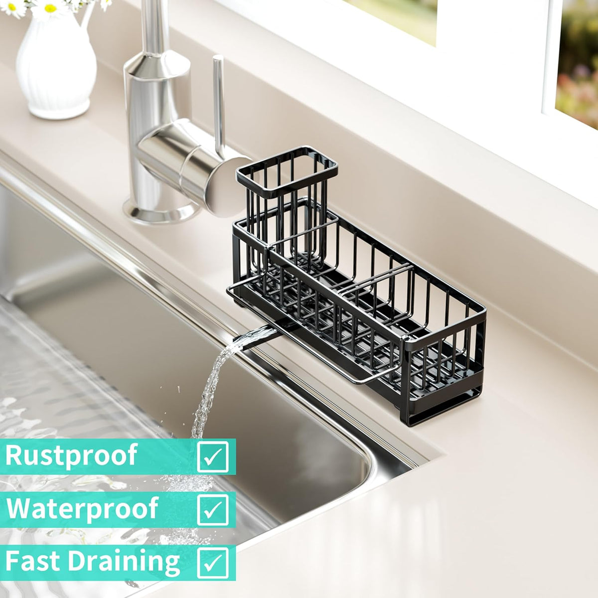Sponge Holder for Kitchen Sink - Self-draining Sink Caddy with Brush and Dishcloth Holders, Stainless Steel Kitchen Countertop Organizers and Storage Essentials - Black