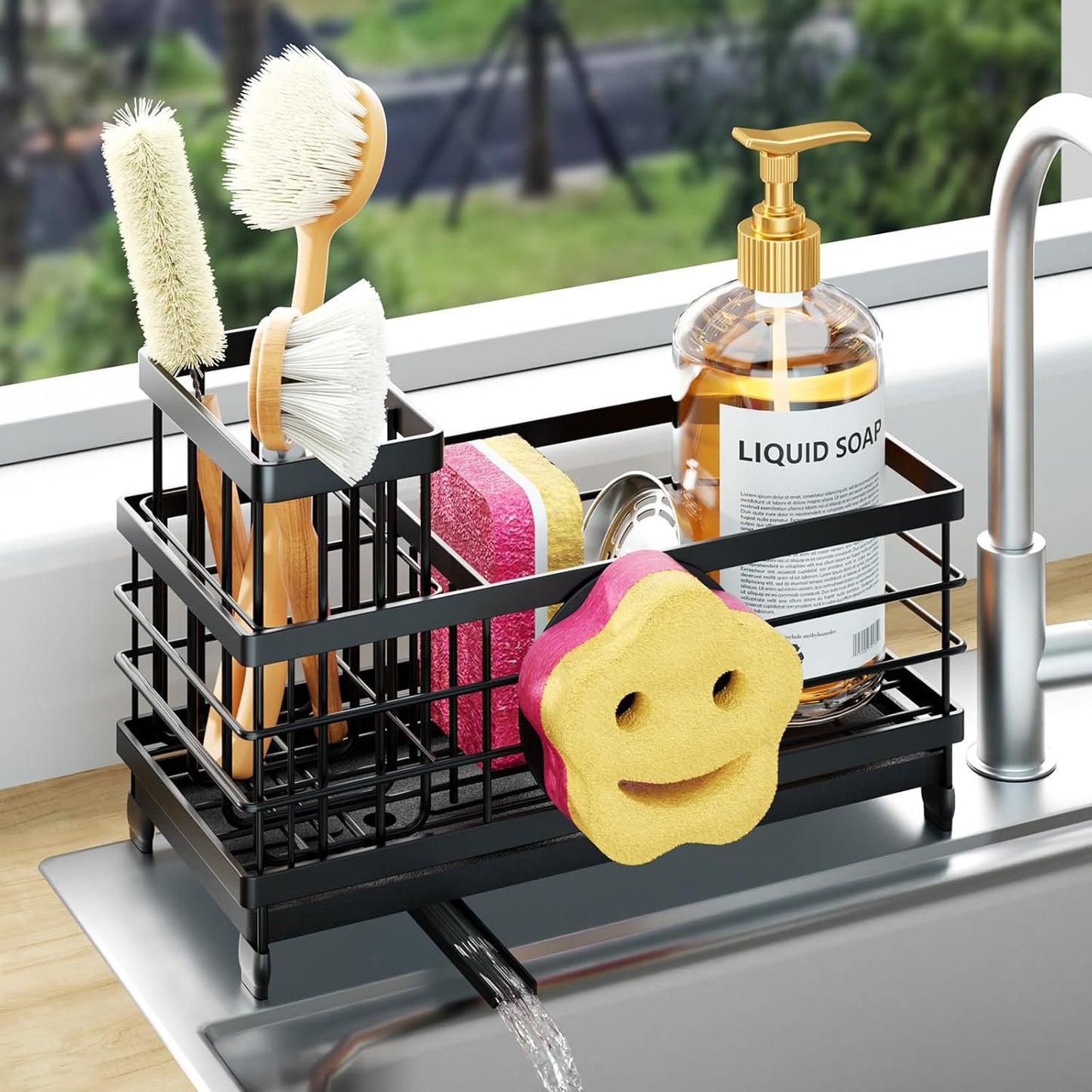Sponge Holder for Kitchen Sink - Self-draining Sink Caddy with Brush and Dishcloth Holders, Stainless Steel Kitchen Countertop Organizers and Storage Essentials - Black