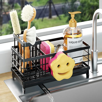 Sponge Holder for Kitchen Sink - Self-draining Sink Caddy with Brush and Dishcloth Holders, Stainless Steel Kitchen Countertop Organizers and Storage Essentials - Black