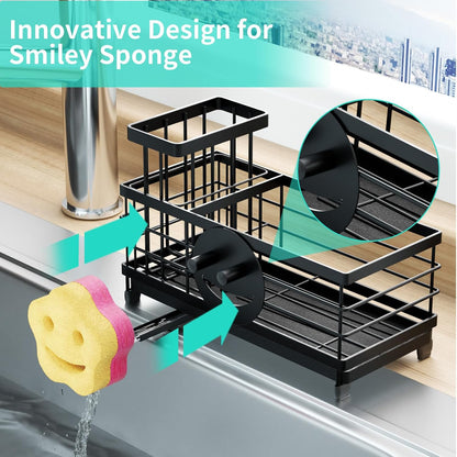 Sponge Holder for Kitchen Sink - Self-draining Sink Caddy with Brush and Dishcloth Holders, Stainless Steel Kitchen Countertop Organizers and Storage Essentials - Black