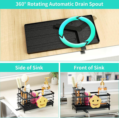 Sponge Holder for Kitchen Sink - Self-draining Sink Caddy with Brush and Dishcloth Holders, Stainless Steel Kitchen Countertop Organizers and Storage Essentials - Black