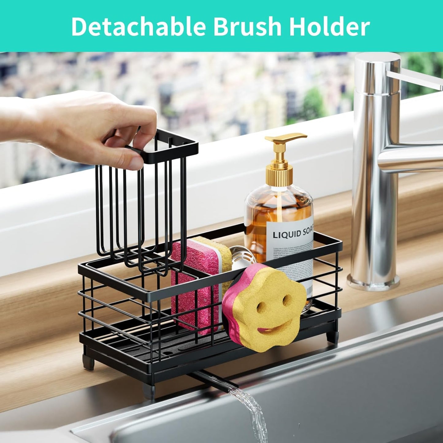 Sponge Holder for Kitchen Sink - Self-draining Sink Caddy with Brush and Dishcloth Holders, Stainless Steel Kitchen Countertop Organizers and Storage Essentials - Black