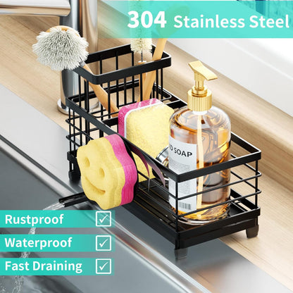 Sponge Holder for Kitchen Sink - Self-draining Sink Caddy with Brush and Dishcloth Holders, Stainless Steel Kitchen Countertop Organizers and Storage Essentials - Black