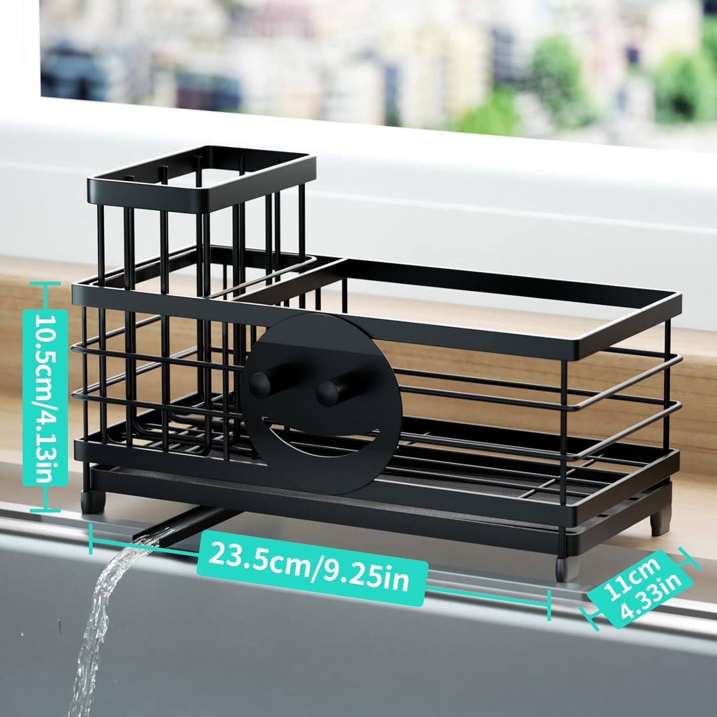 Sponge Holder for Kitchen Sink - Self-draining Sink Caddy with Brush and Dishcloth Holders, Stainless Steel Kitchen Countertop Organizers and Storage Essentials - Black