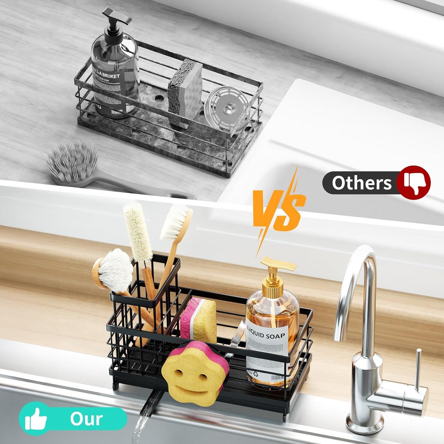 Sponge Holder for Kitchen Sink - Self-draining Sink Caddy with Brush and Dishcloth Holders, Stainless Steel Kitchen Countertop Organizers and Storage Essentials - Black