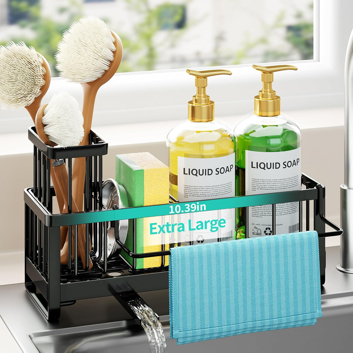 Sponge Holder for Kitchen Sink - Self-draining Sink Caddy with Brush and Dishcloth Holders, Stainless Steel Kitchen Countertop Organizers and Storage Essentials - Black
