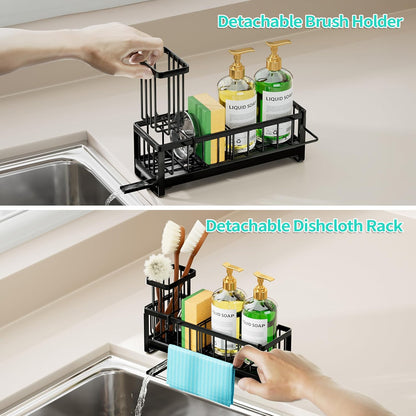 Sponge Holder for Kitchen Sink - Self-draining Sink Caddy with Brush and Dishcloth Holders, Stainless Steel Kitchen Countertop Organizers and Storage Essentials - Black