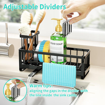 Sponge Holder for Kitchen Sink - Self-draining Sink Caddy with Brush and Dishcloth Holders, Stainless Steel Kitchen Countertop Organizers and Storage Essentials - Black