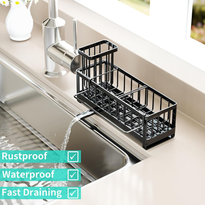 Sponge Holder for Kitchen Sink - Self-draining Sink Caddy with Brush and Dishcloth Holders, Stainless Steel Kitchen Countertop Organizers and Storage Essentials - Black