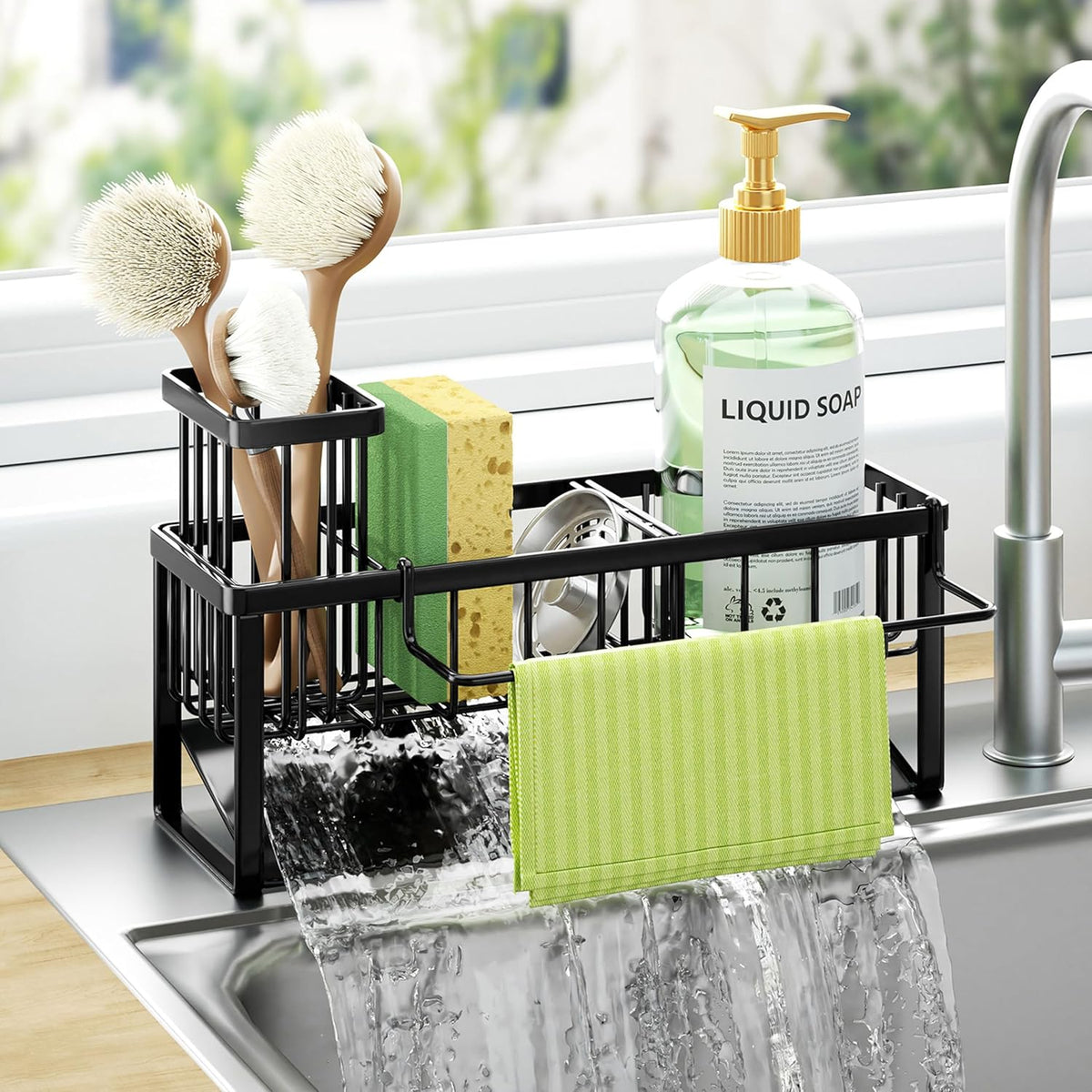 Sponge Holder for Kitchen Sink - Self-draining Sink Caddy with Brush and Dishcloth Holders, Stainless Steel Kitchen Countertop Organizers and Storage Essentials - Black