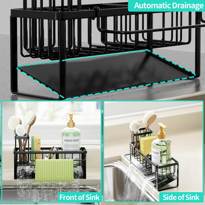 Sponge Holder for Kitchen Sink - Self-draining Sink Caddy with Brush and Dishcloth Holders, Stainless Steel Kitchen Countertop Organizers and Storage Essentials - Black