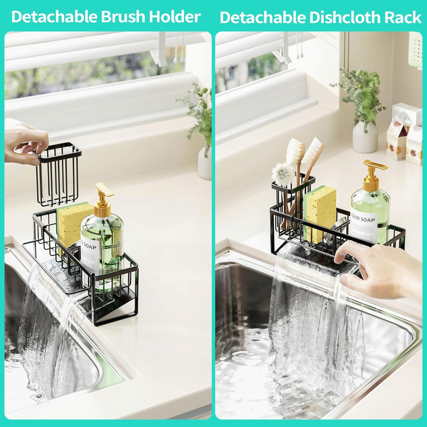 Sponge Holder for Kitchen Sink - Self-draining Sink Caddy with Brush and Dishcloth Holders, Stainless Steel Kitchen Countertop Organizers and Storage Essentials - Black