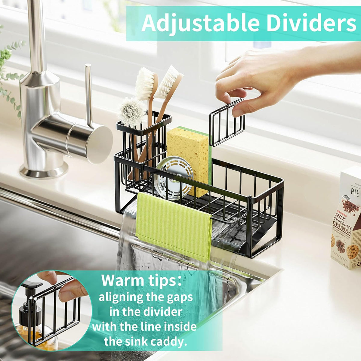 Sponge Holder for Kitchen Sink - Self-draining Sink Caddy with Brush and Dishcloth Holders, Stainless Steel Kitchen Countertop Organizers and Storage Essentials - Black