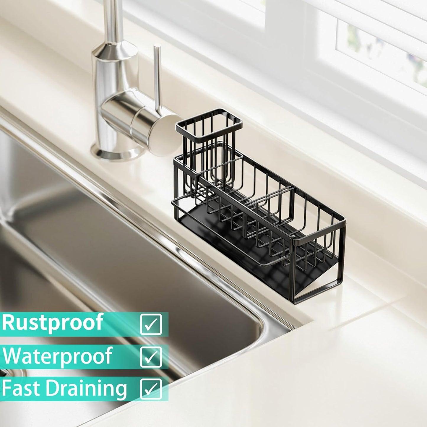 Sponge Holder for Kitchen Sink - Self-draining Sink Caddy with Brush and Dishcloth Holders, Stainless Steel Kitchen Countertop Organizers and Storage Essentials - Black