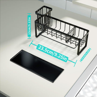 Sponge Holder for Kitchen Sink - Self-draining Sink Caddy with Brush and Dishcloth Holders, Stainless Steel Kitchen Countertop Organizers and Storage Essentials - Black