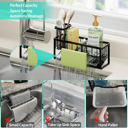 Sponge Holder for Kitchen Sink - Self-draining Sink Caddy with Brush and Dishcloth Holders, Stainless Steel Kitchen Countertop Organizers and Storage Essentials - Black