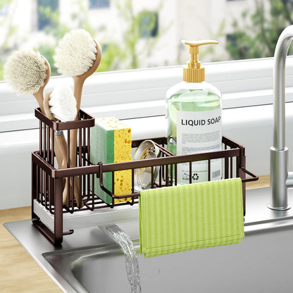 Sponge Holder for Kitchen Sink - Self-draining Sink Caddy with Brush and Dishcloth Holders, Stainless Steel Kitchen Countertop Organizers and Storage Essentials - Black