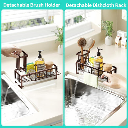 Sponge Holder for Kitchen Sink - Self-draining Sink Caddy with Brush and Dishcloth Holders, Stainless Steel Kitchen Countertop Organizers and Storage Essentials - Black