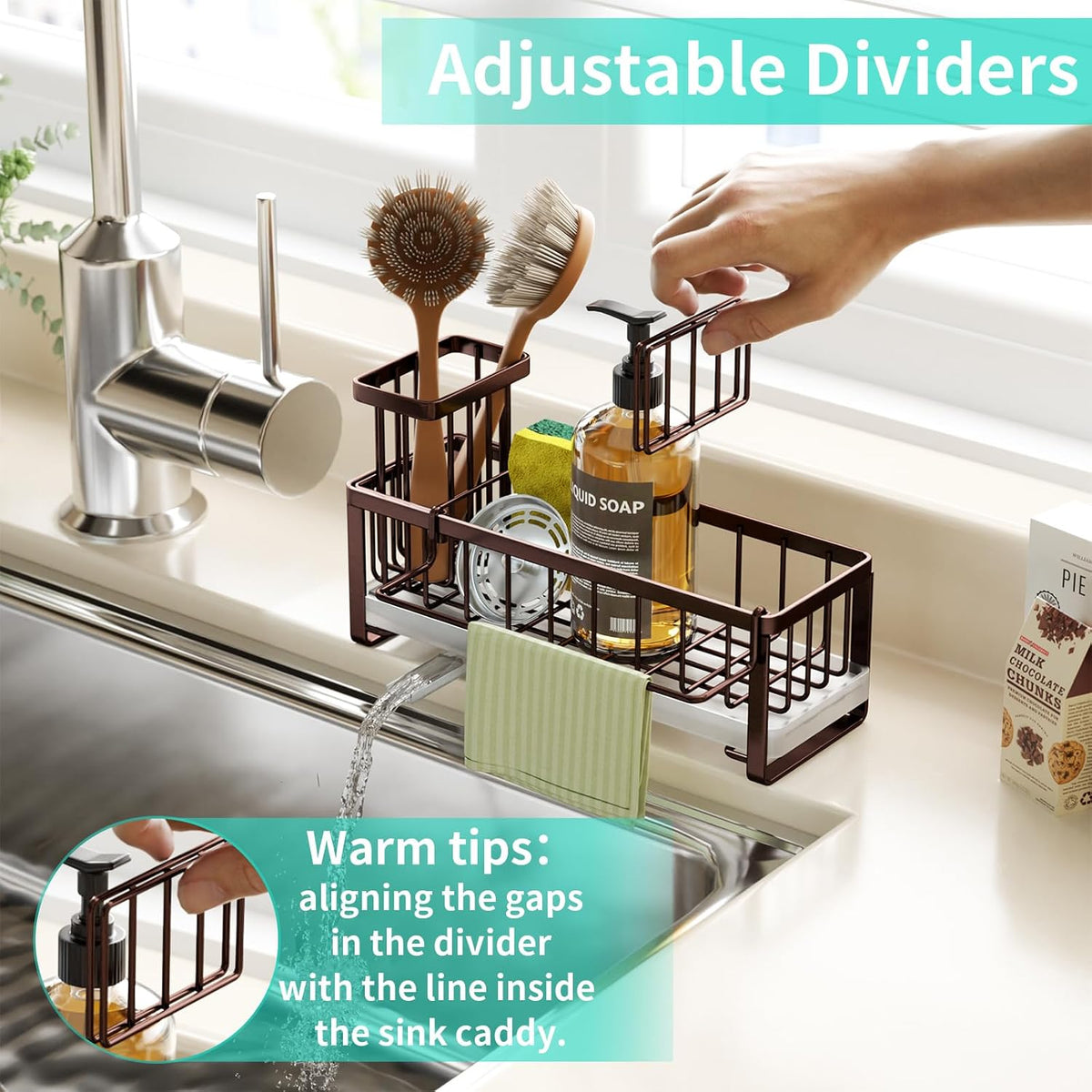 Sponge Holder for Kitchen Sink - Self-draining Sink Caddy with Brush and Dishcloth Holders, Stainless Steel Kitchen Countertop Organizers and Storage Essentials - Black