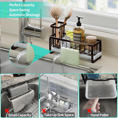 Sponge Holder for Kitchen Sink - Self-draining Sink Caddy with Brush and Dishcloth Holders, Stainless Steel Kitchen Countertop Organizers and Storage Essentials - Black
