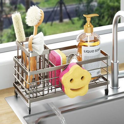 Sponge Holder for Kitchen Sink - Self-draining Sink Caddy with Brush and Dishcloth Holders, Stainless Steel Kitchen Countertop Organizers and Storage Essentials - Black