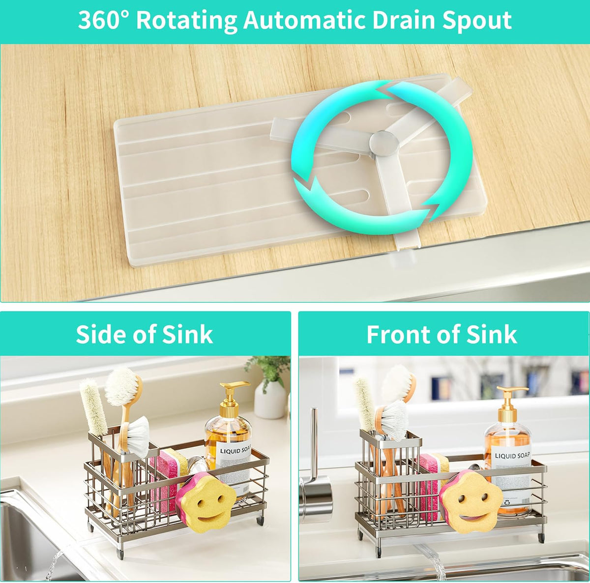 Sponge Holder for Kitchen Sink - Self-draining Sink Caddy with Brush and Dishcloth Holders, Stainless Steel Kitchen Countertop Organizers and Storage Essentials - Black