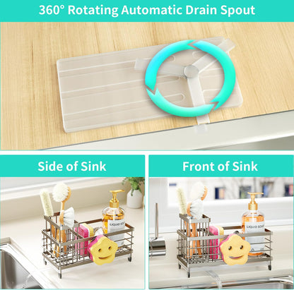 Sponge Holder for Kitchen Sink - Self-draining Sink Caddy with Brush and Dishcloth Holders, Stainless Steel Kitchen Countertop Organizers and Storage Essentials - Black
