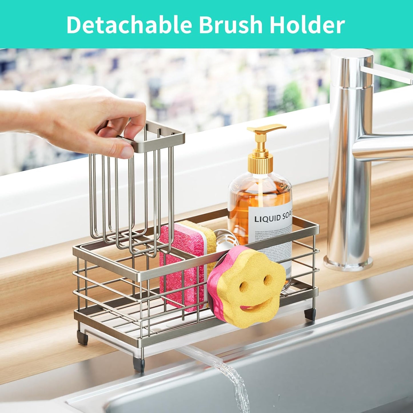 Sponge Holder for Kitchen Sink - Self-draining Sink Caddy with Brush and Dishcloth Holders, Stainless Steel Kitchen Countertop Organizers and Storage Essentials - Black