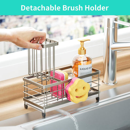 Sponge Holder for Kitchen Sink - Self-draining Sink Caddy with Brush and Dishcloth Holders, Stainless Steel Kitchen Countertop Organizers and Storage Essentials - Black