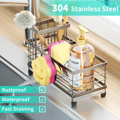 Sponge Holder for Kitchen Sink - Self-draining Sink Caddy with Brush and Dishcloth Holders, Stainless Steel Kitchen Countertop Organizers and Storage Essentials - Black