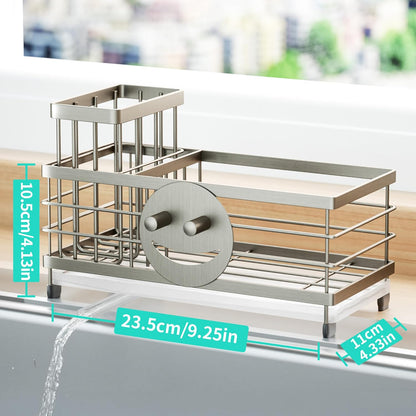 Sponge Holder for Kitchen Sink - Self-draining Sink Caddy with Brush and Dishcloth Holders, Stainless Steel Kitchen Countertop Organizers and Storage Essentials - Black