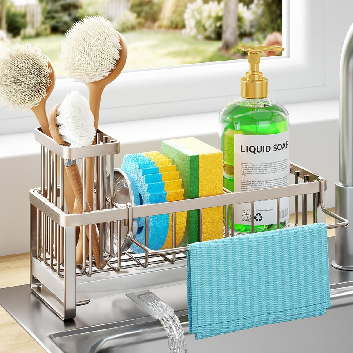Sponge Holder for Kitchen Sink - Self-draining Sink Caddy with Brush and Dishcloth Holders, Stainless Steel Kitchen Countertop Organizers and Storage Essentials - Black