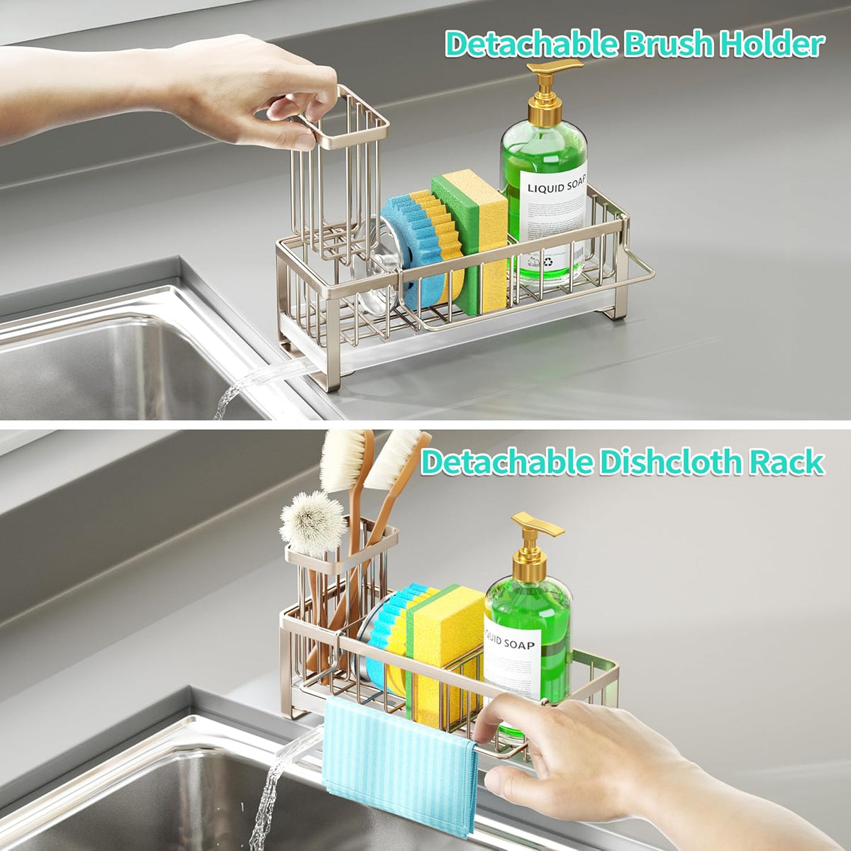 Sponge Holder for Kitchen Sink - Self-draining Sink Caddy with Brush and Dishcloth Holders, Stainless Steel Kitchen Countertop Organizers and Storage Essentials - Black