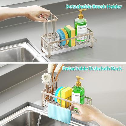 Sponge Holder for Kitchen Sink - Self-draining Sink Caddy with Brush and Dishcloth Holders, Stainless Steel Kitchen Countertop Organizers and Storage Essentials - Black