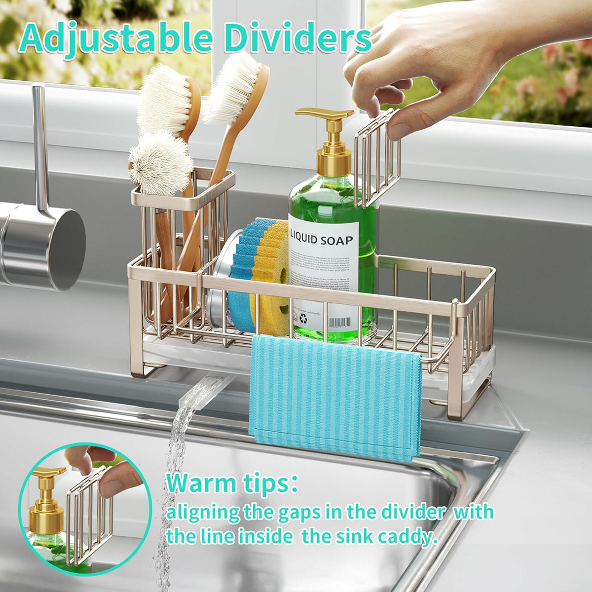 Sponge Holder for Kitchen Sink - Self-draining Sink Caddy with Brush and Dishcloth Holders, Stainless Steel Kitchen Countertop Organizers and Storage Essentials - Black