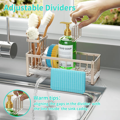 Sponge Holder for Kitchen Sink - Self-draining Sink Caddy with Brush and Dishcloth Holders, Stainless Steel Kitchen Countertop Organizers and Storage Essentials - Black