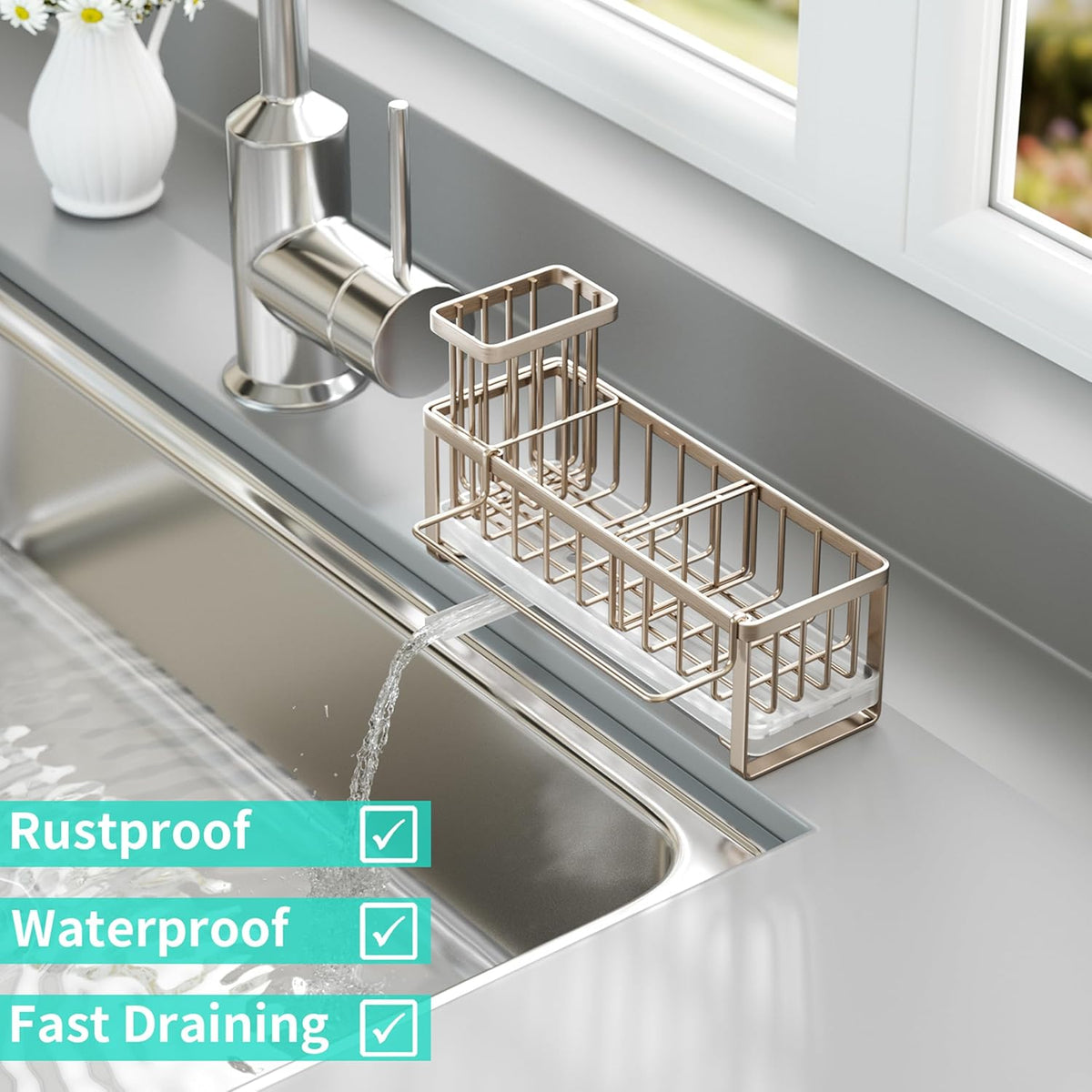 Sponge Holder for Kitchen Sink - Self-draining Sink Caddy with Brush and Dishcloth Holders, Stainless Steel Kitchen Countertop Organizers and Storage Essentials - Black